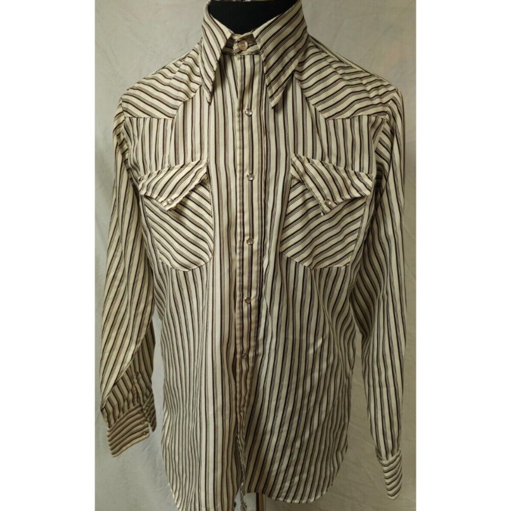 Vtg Stockman By PMC Mens Beige Brown Stripe Pearl Snap Long sleeve Western Shirt